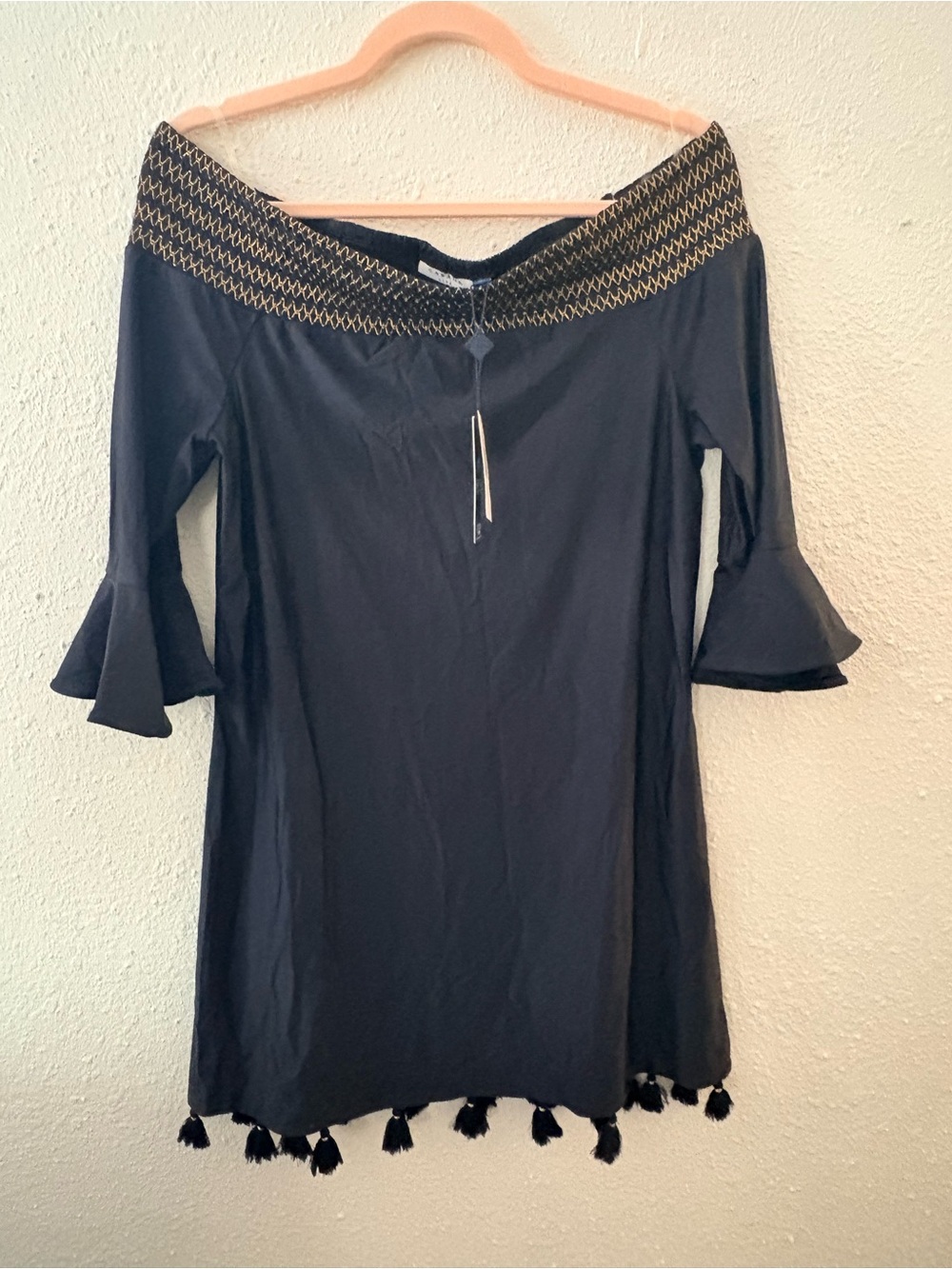 nwt Cabana Life Off-Shoulder 50+ UV Dress Black with Gold across shoulders Swim